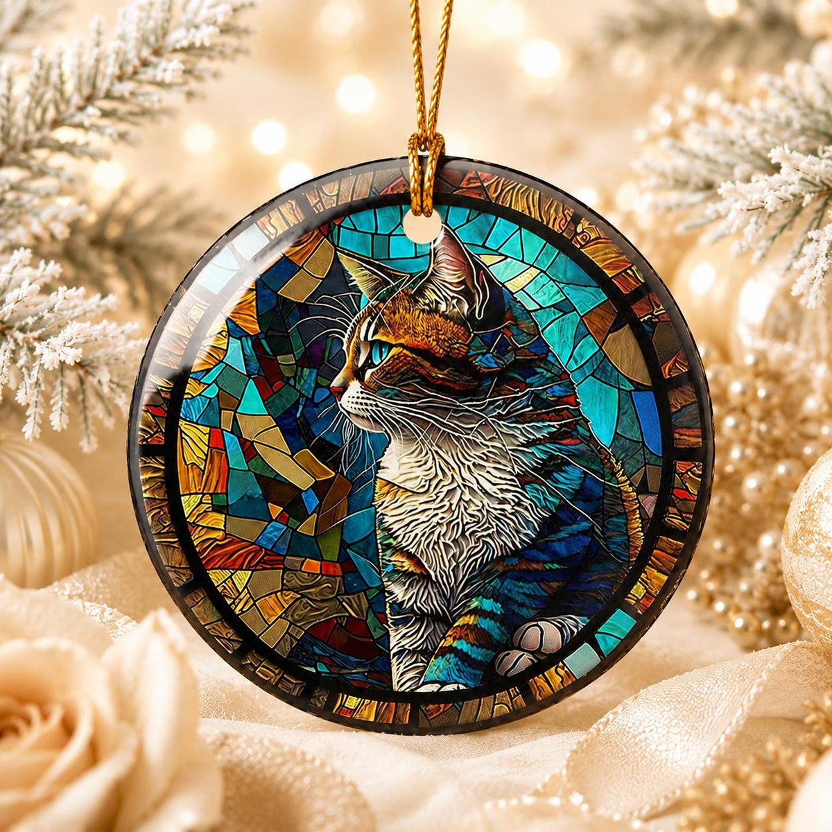 Colorful Tabby Cat Ornament, Ceramic Keepsake for Cat Lovers
