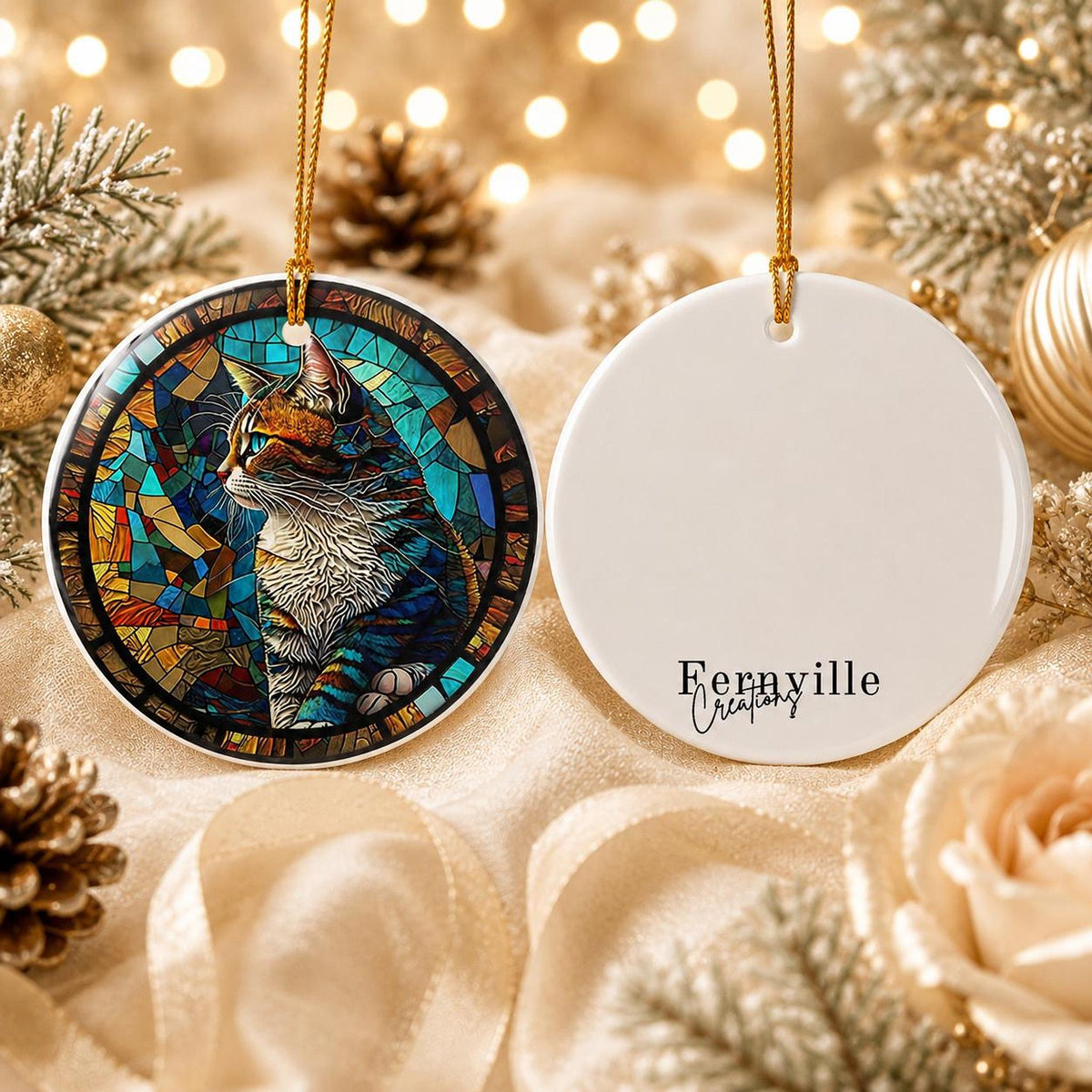 Colorful Tabby Cat Ornament, Ceramic Keepsake for Cat Lovers