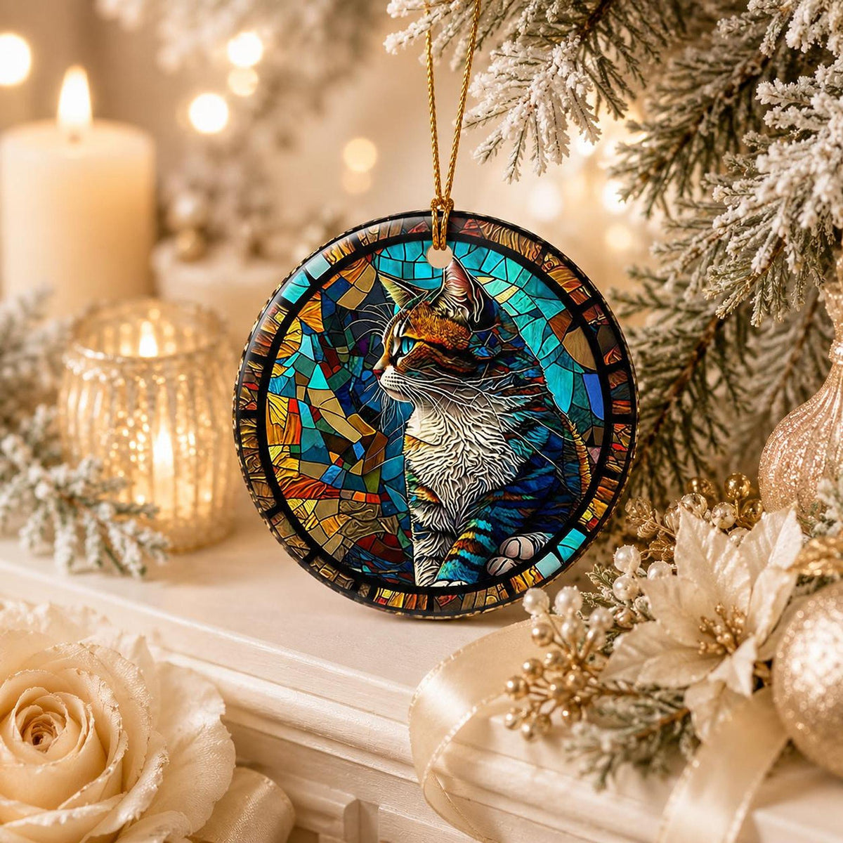 Colorful Tabby Cat Ornament, Ceramic Keepsake for Cat Lovers