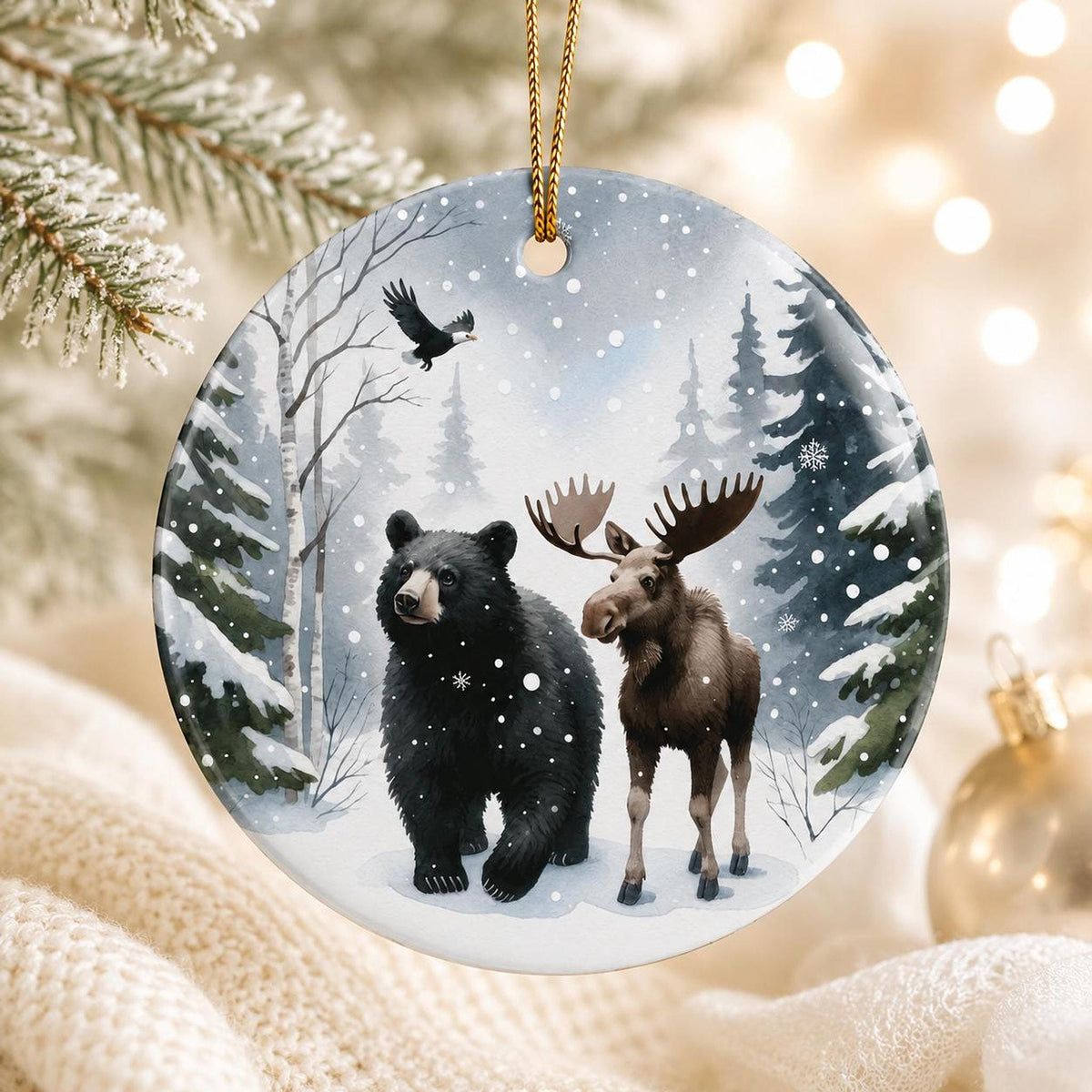 Bear Moose Ornament, Winter Wildlife Art in Snowy Evergreen Forest