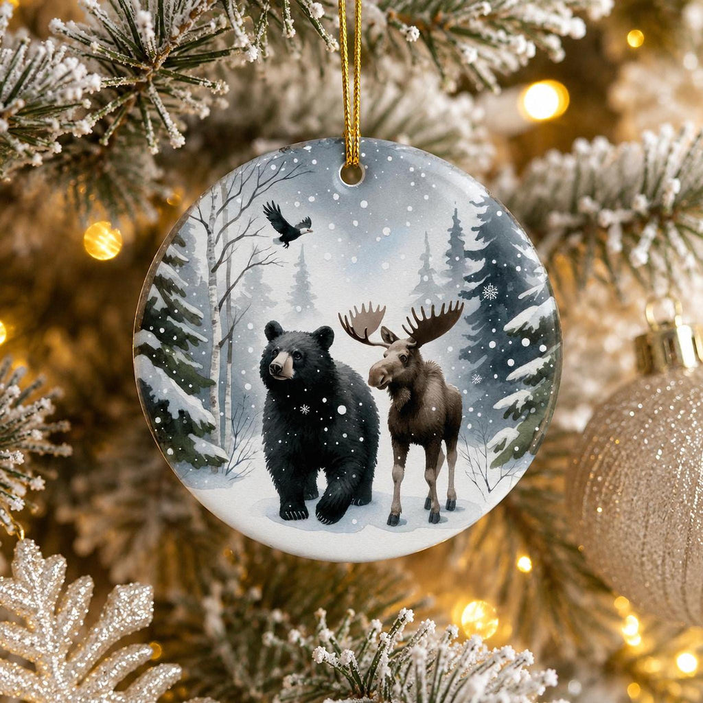 Bear Moose Ornament, Winter Wildlife Art in Snowy Evergreen Forest