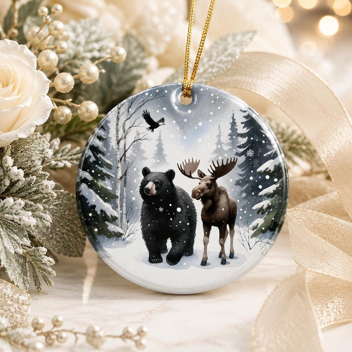 Bear Moose Ornament, Winter Wildlife Art in Snowy Evergreen Forest