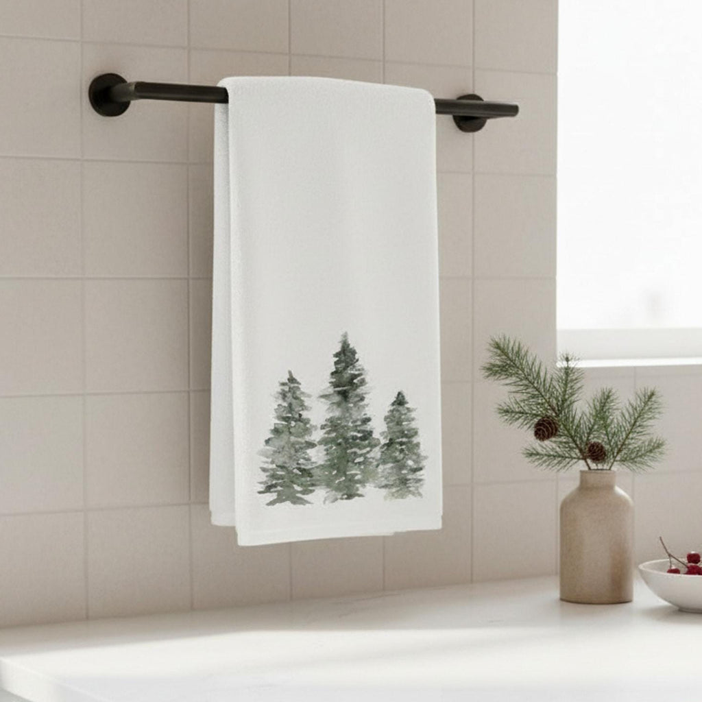 Guest Hand Towel with Evergreen Trees Design, Soft Polyester & Cotton Blend