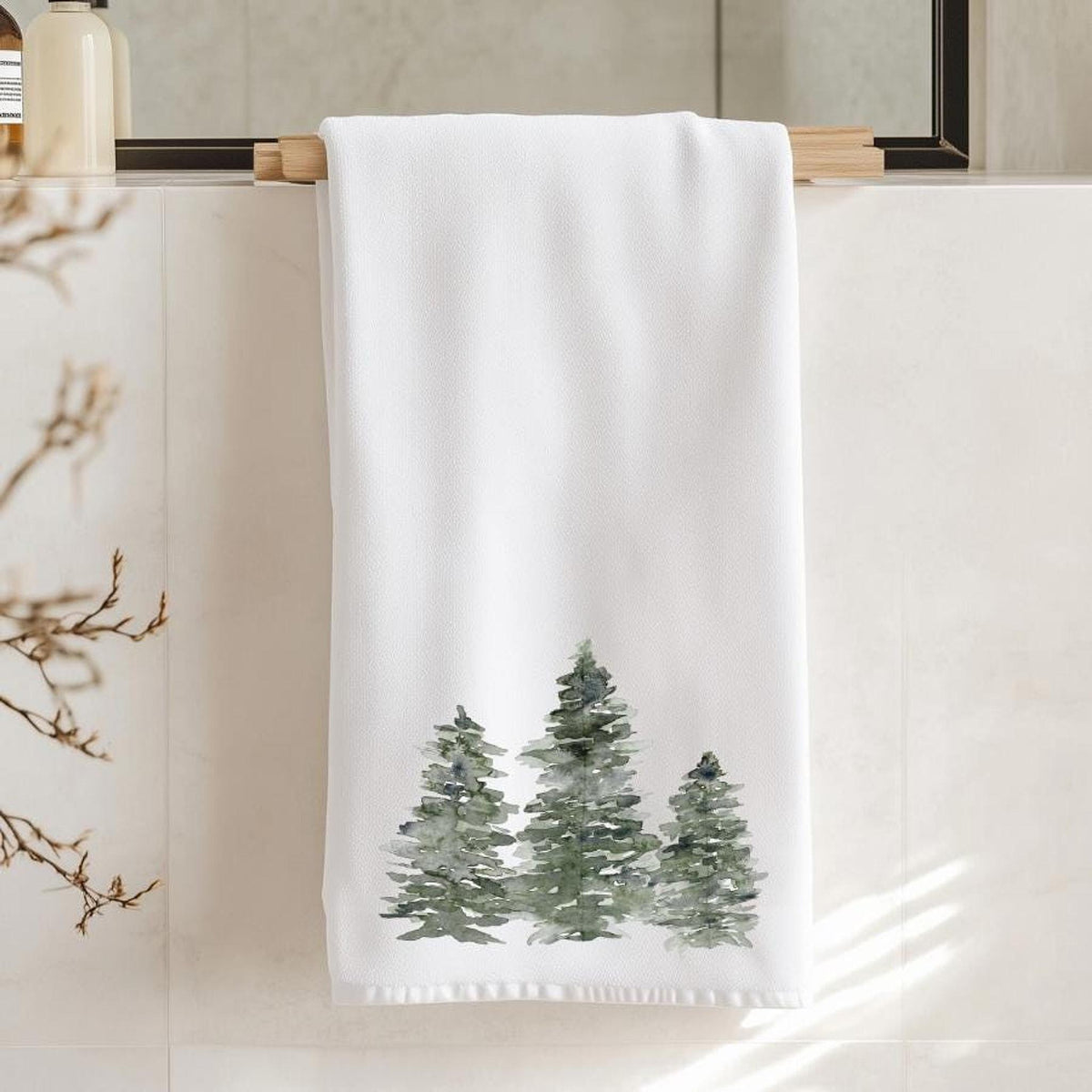 Guest Hand Towel with Evergreen Trees Design, Soft Polyester & Cotton Blend