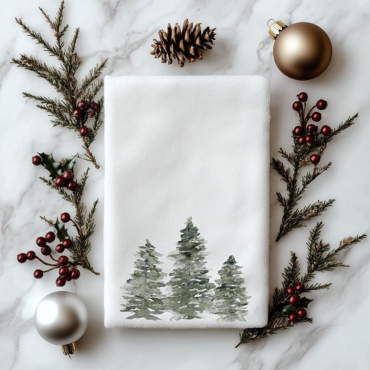 Guest Hand Towel with Evergreen Trees Design, Soft Polyester & Cotton Blend