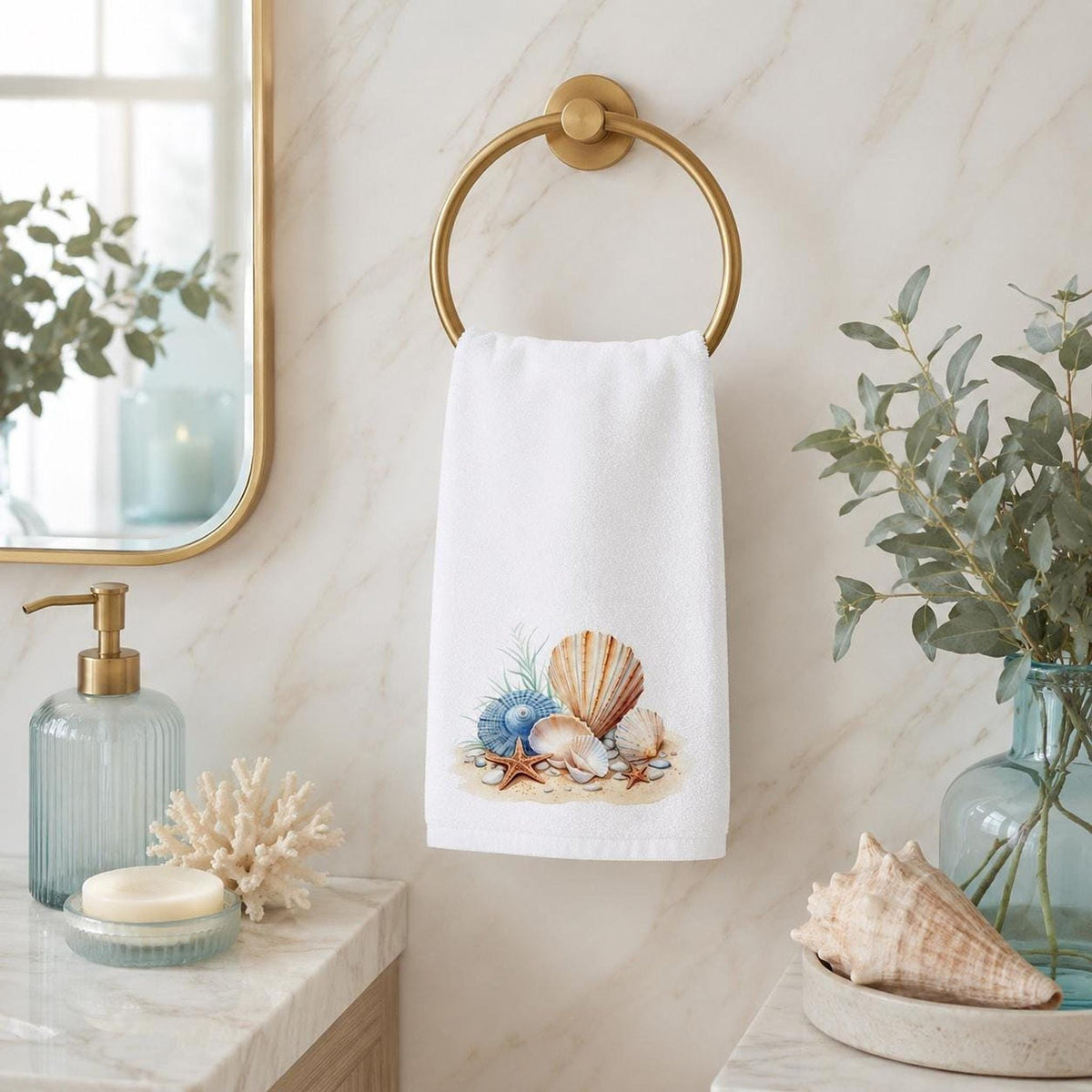 Coastal Hand Towel with Seashell and Starfish Design, Beach House Decor