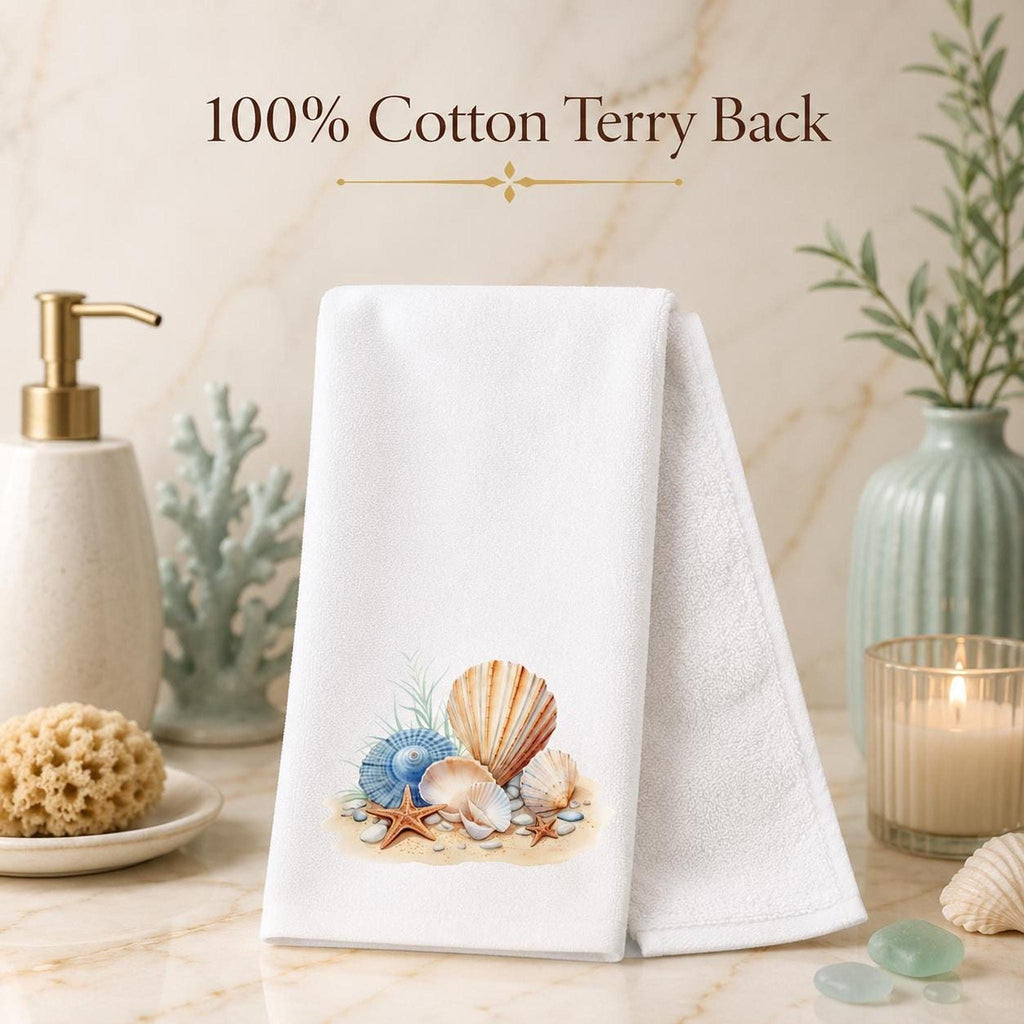 Coastal Hand Towel with Seashell and Starfish Design, Beach House Decor