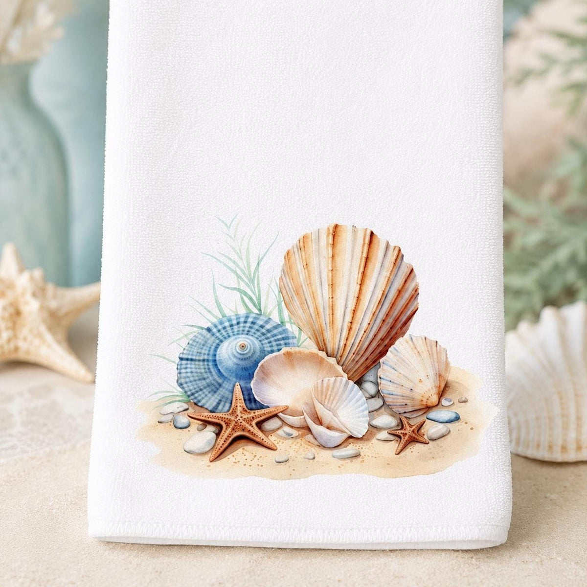 Coastal Hand Towel with Seashell and Starfish Design, Beach House Decor
