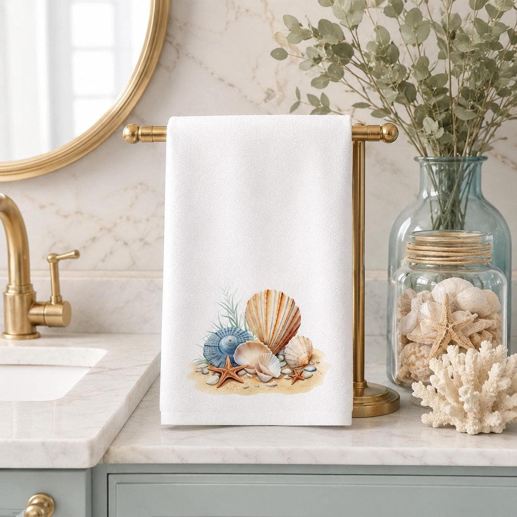 Coastal Hand Towel with Seashell and Starfish Design, Beach House Decor