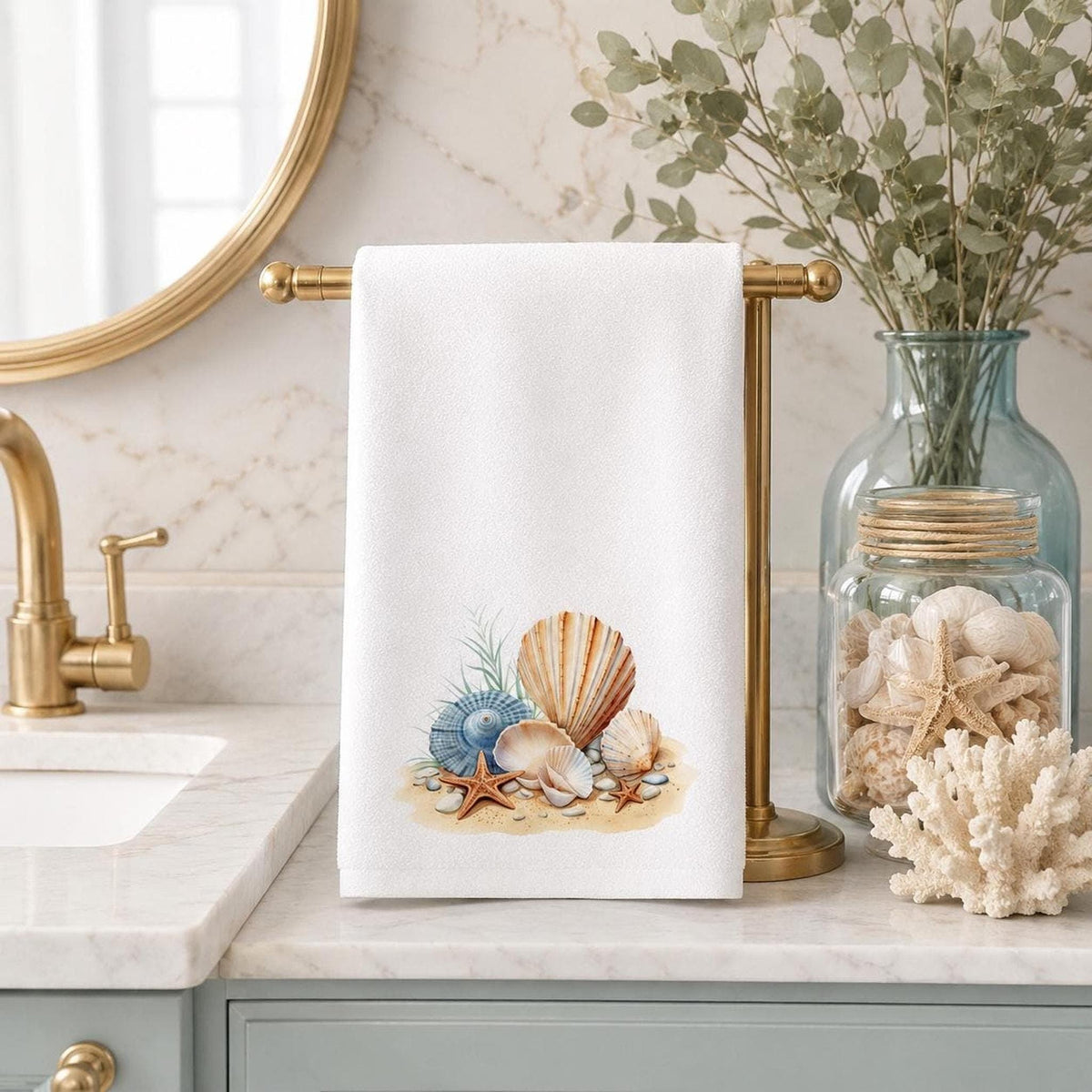 Coastal Hand Towel with Seashell and Starfish Design, Beach House Decor