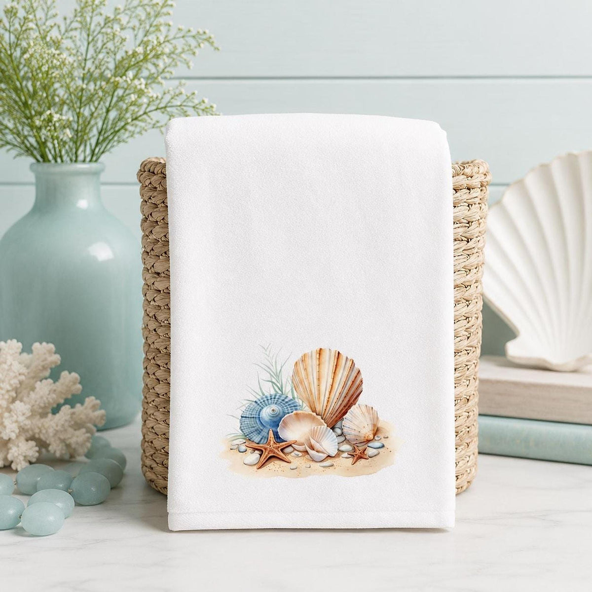 Coastal Hand Towel with Seashell and Starfish Design, Beach House Decor