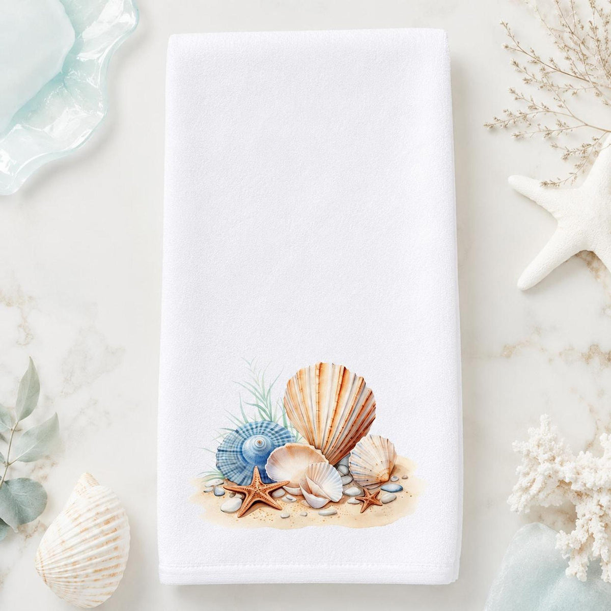 Coastal Hand Towel with Seashell and Starfish Design, Beach House Decor