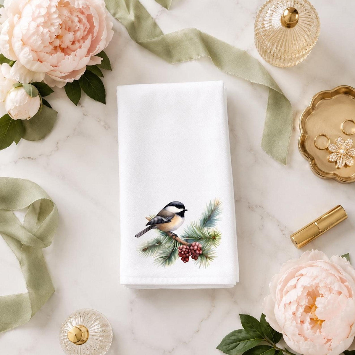 Chickadee Towel, Soft Absorbent Hand with Winter Bird Design