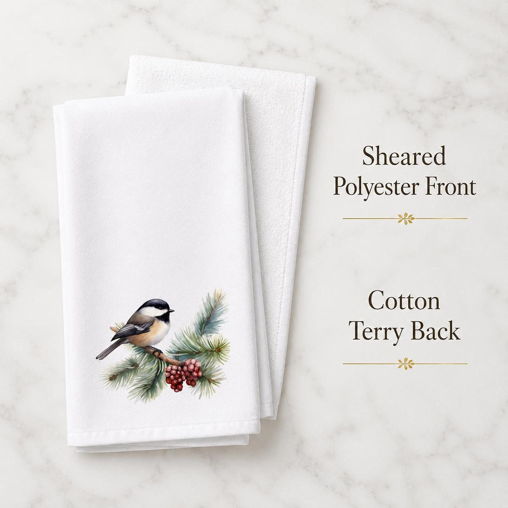 Chickadee Towel, Soft Absorbent Hand with Winter Bird Design