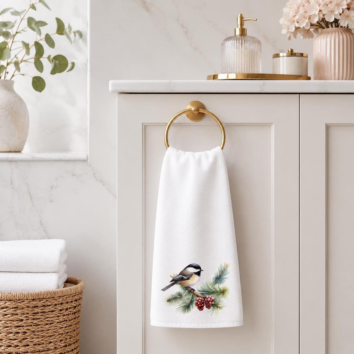 Chickadee Towel, Soft Absorbent Hand with Winter Bird Design