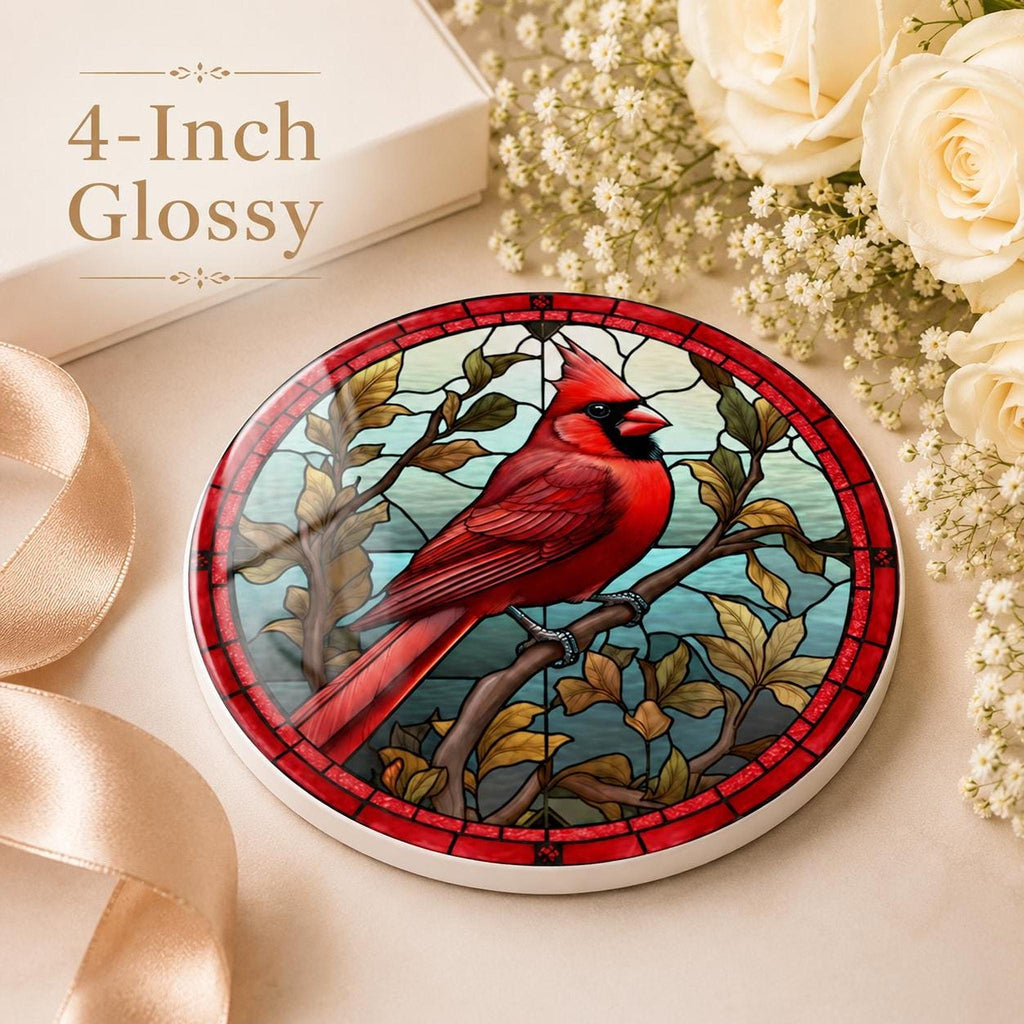 Cardinal Coaster, Vibrant Red Bird Design with Botanical Elements