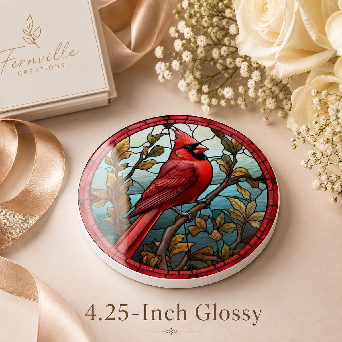 Cardinal Coaster, Vibrant Red Bird Design with Botanical Elements