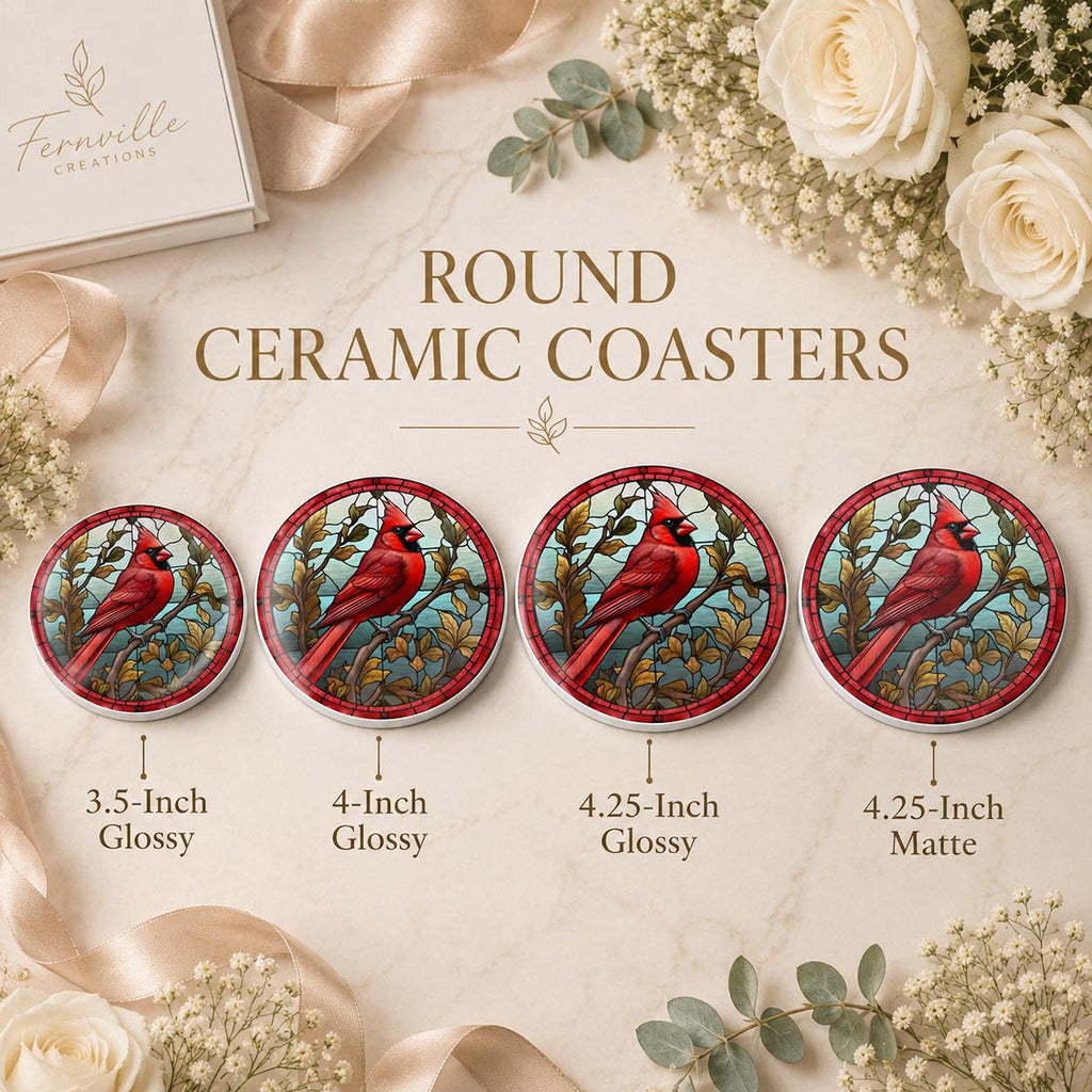 Cardinal Coaster, Vibrant Red Bird Design with Botanical Elements