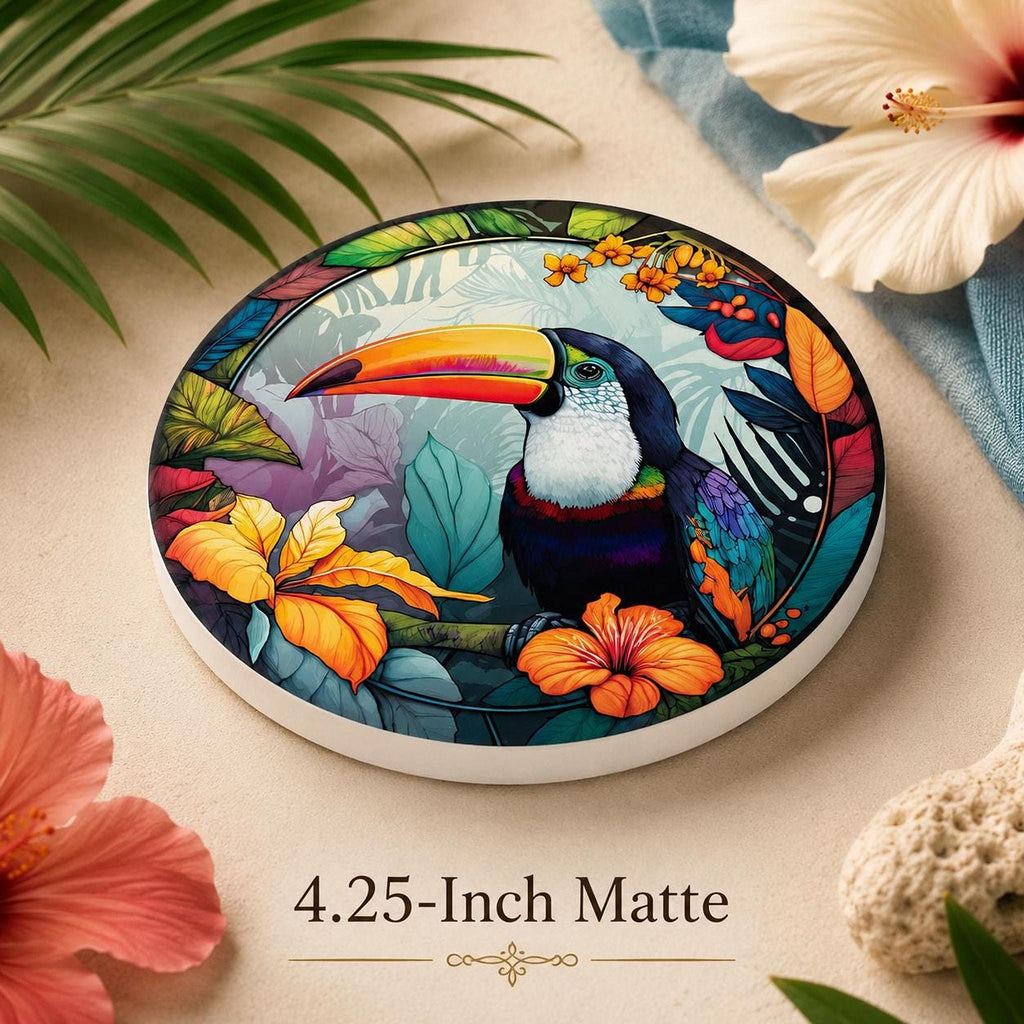 Tropical Toucan Ceramic Coaster, Colorful Jungle Bird Design