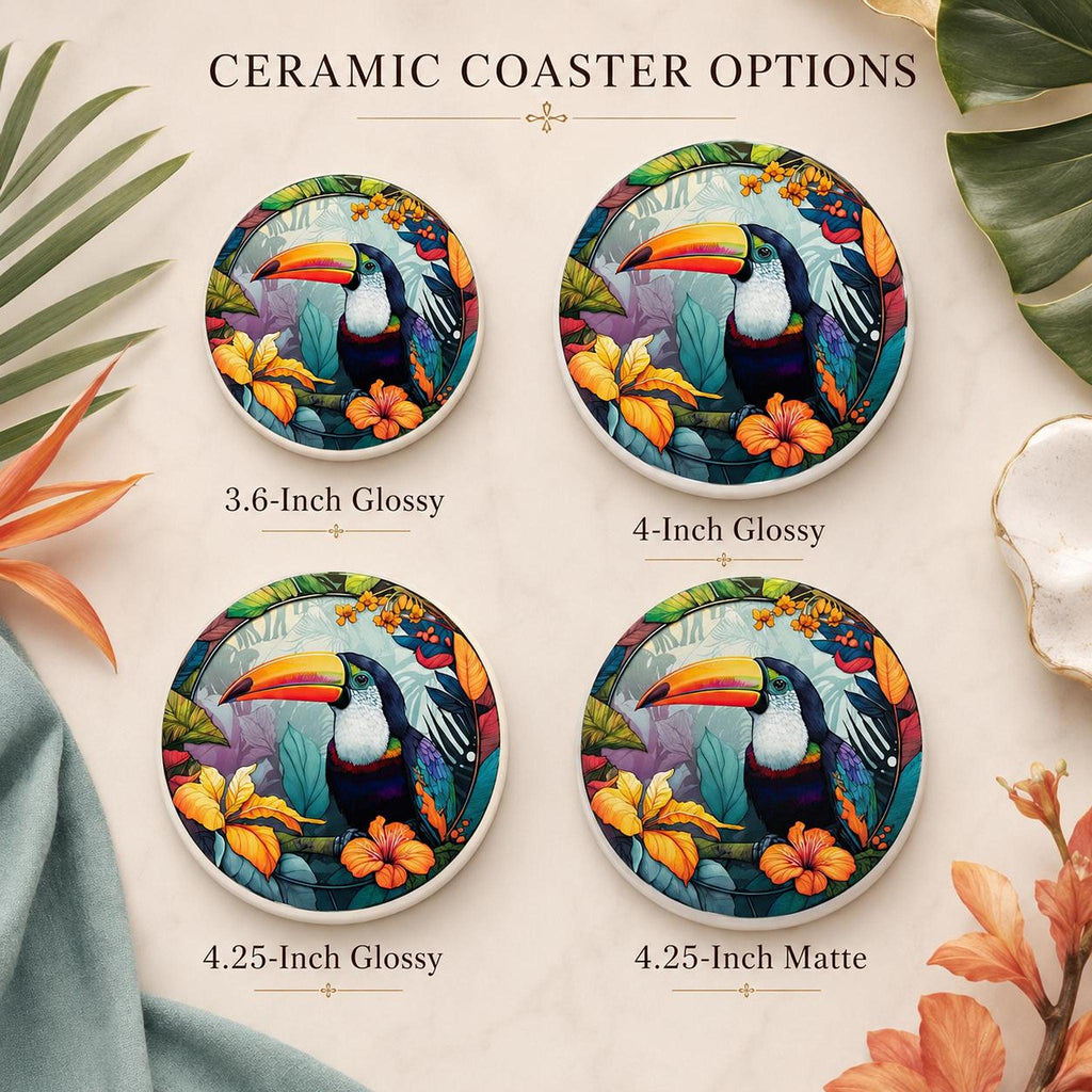 Tropical Toucan Ceramic Coaster, Colorful Jungle Bird Design