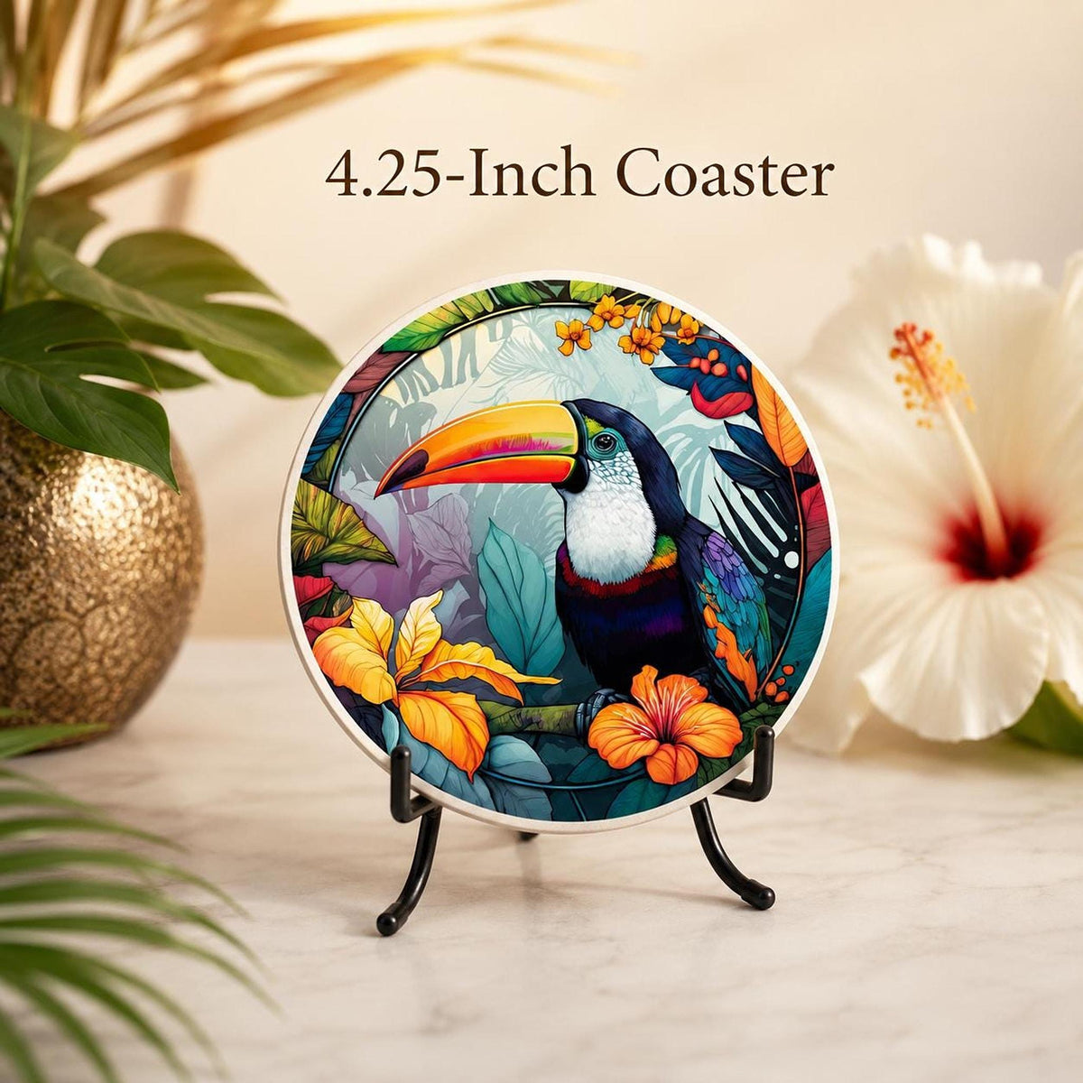 Tropical Toucan Ceramic Coaster, Colorful Jungle Bird Design