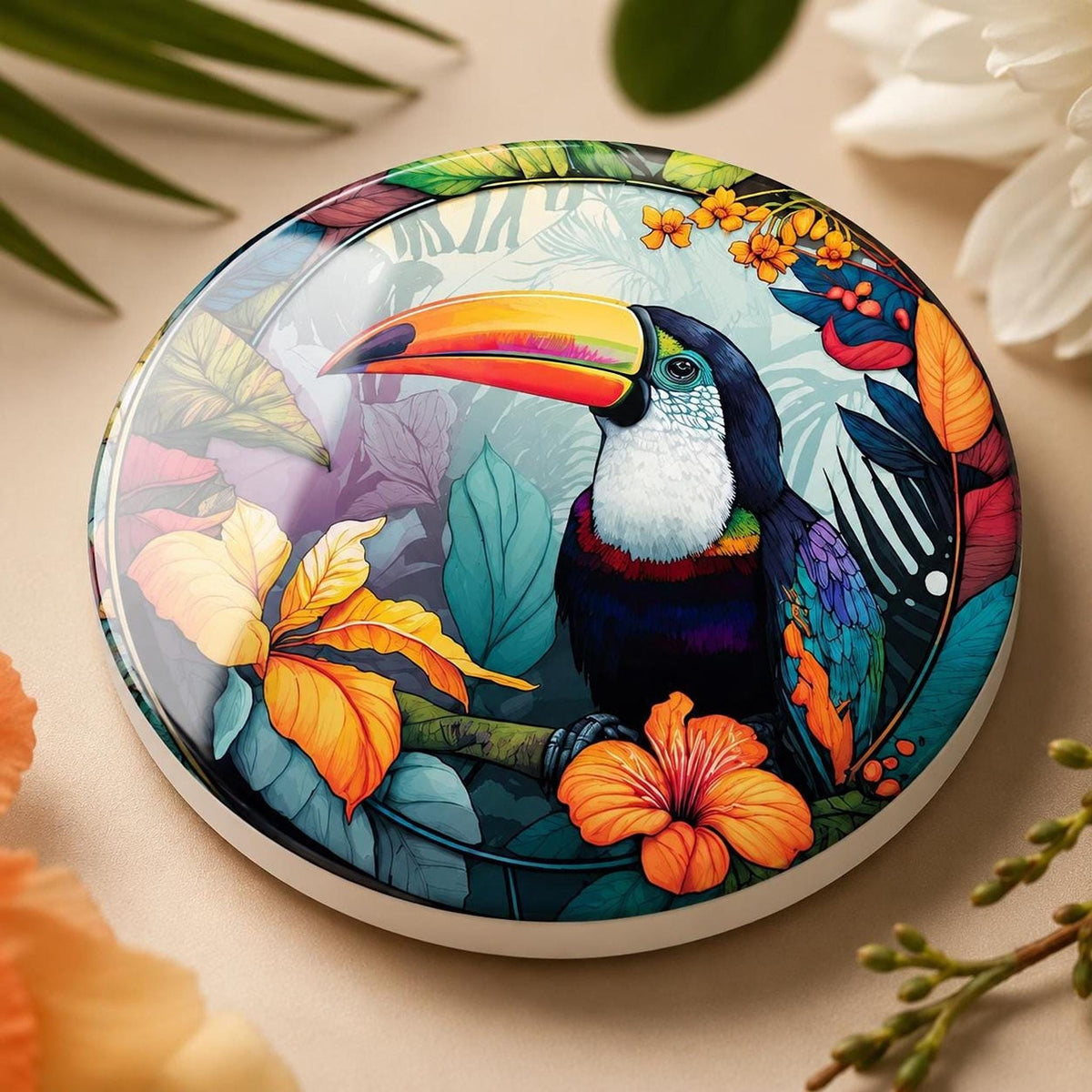 Tropical Toucan Ceramic Coaster, Colorful Jungle Bird Design