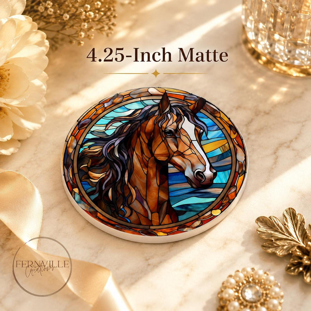 Horse Coaster, Round Ceramic with Art Glass Style Design