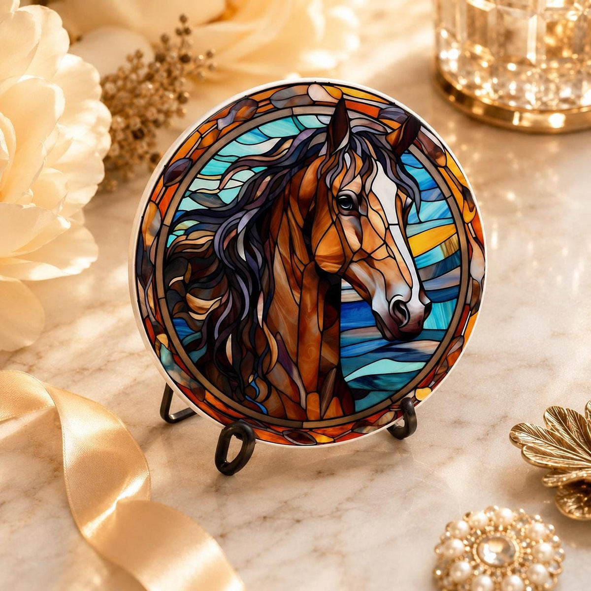 Horse Coaster, Round Ceramic with Art Glass Style Design