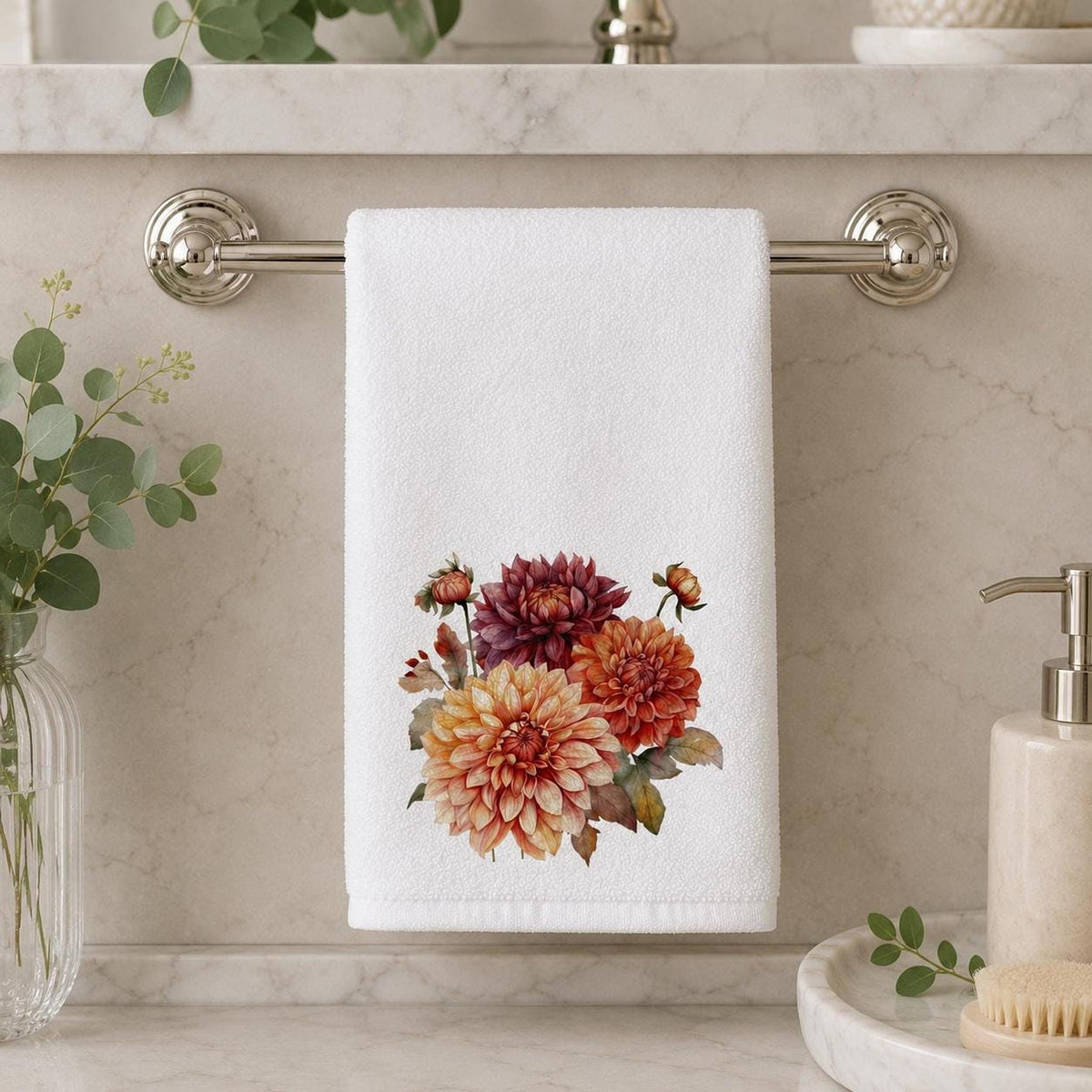 Fall Hand Towel with Autumn Dahlia Floral Design, Elegant Guest