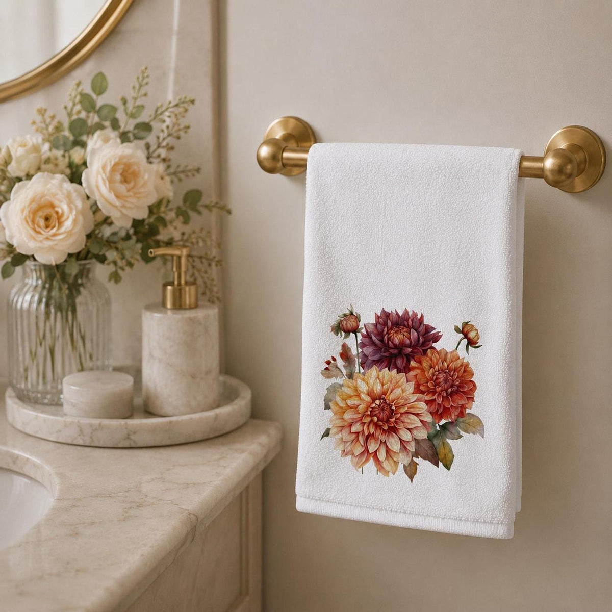 Fall Hand Towel with Autumn Dahlia Floral Design, Elegant Guest