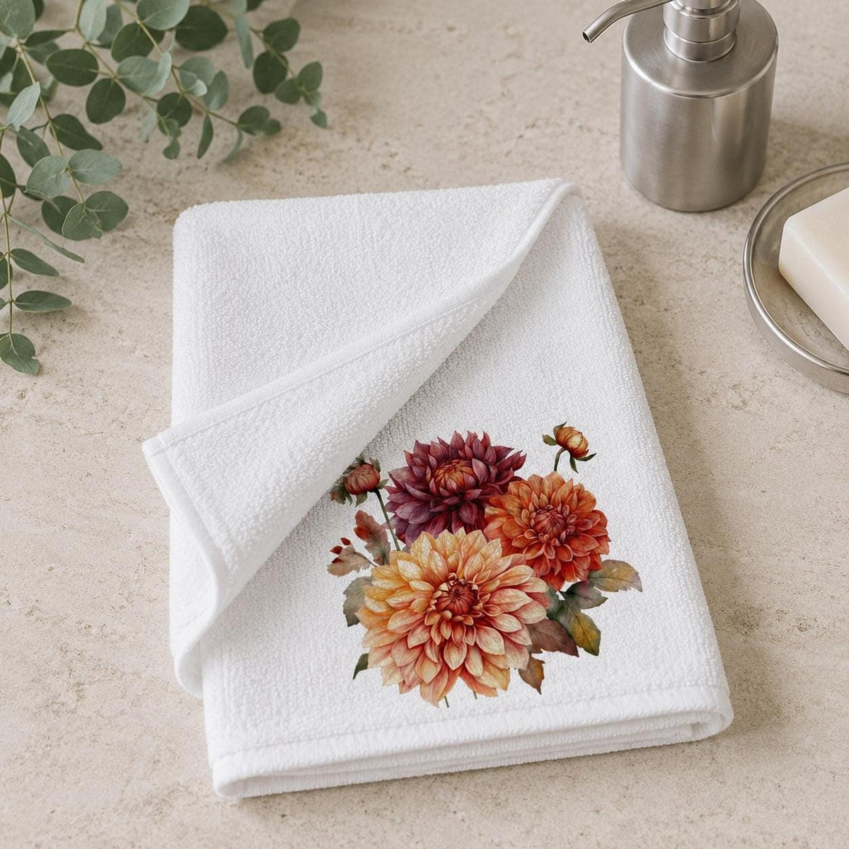 Fall Hand Towel with Autumn Dahlia Floral Design, Elegant Guest
