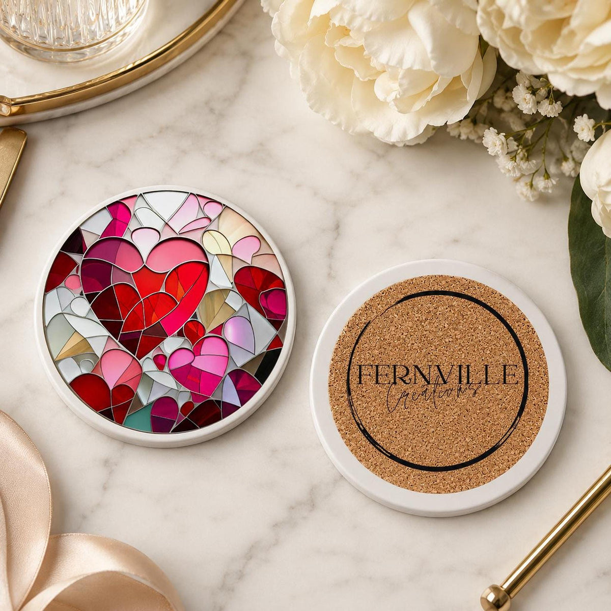 Heart Coaster with Mosaic Design, Ceramic Drink Mat for Valentine Decor