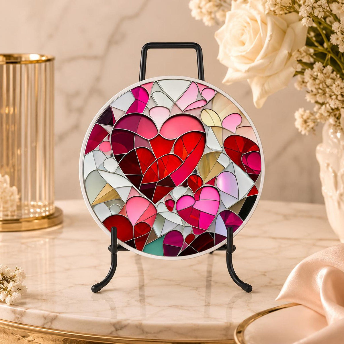 Heart Coaster with Mosaic Design, Ceramic Drink Mat for Valentine Decor