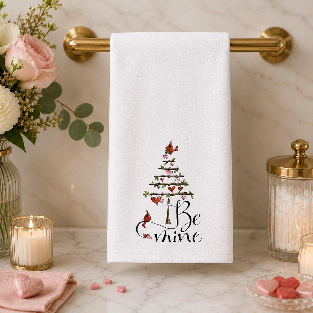 Valentine Hand Towel with Cardinals, Be Mine Design for Bathroom Decor