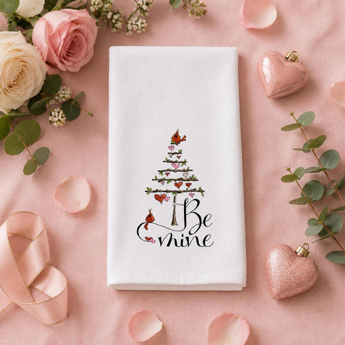 Valentine Hand Towel with Cardinals, Be Mine Design for Bathroom Decor