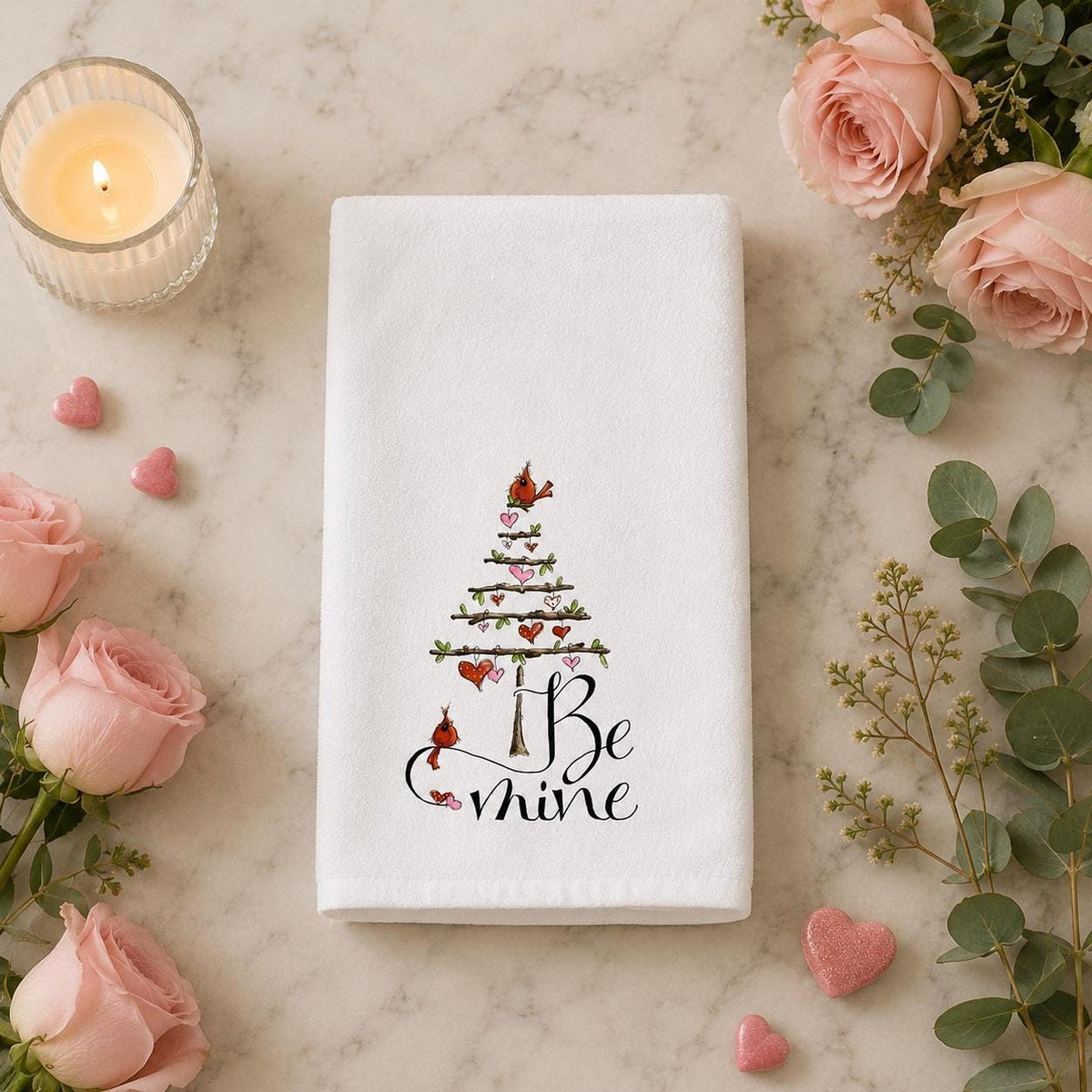 Valentine Hand Towel with Cardinals, Be Mine Design for Bathroom Decor