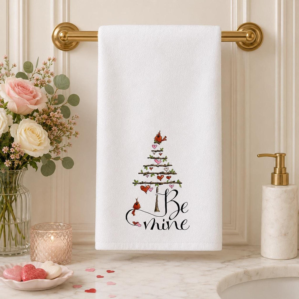 Valentine Hand Towel with Cardinals, Be Mine Design for Bathroom Decor