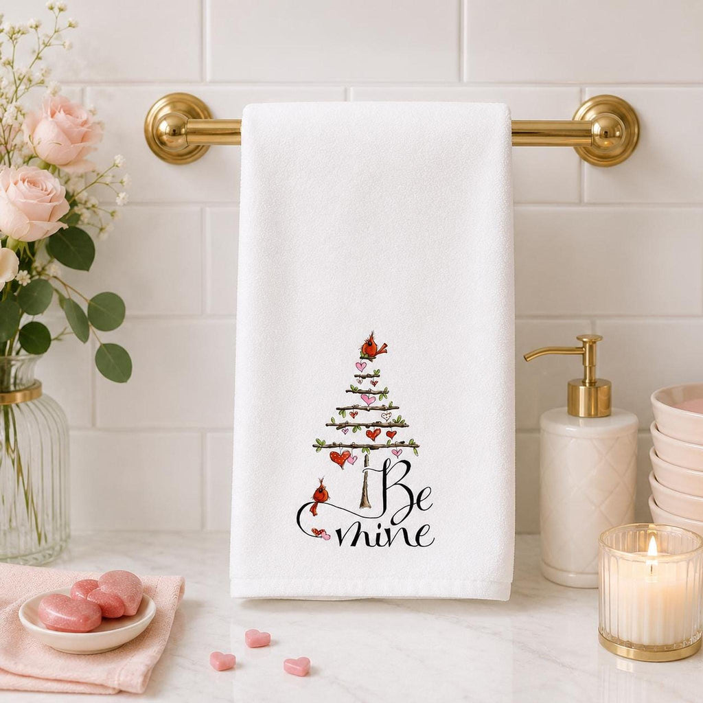 Valentine Hand Towel with Cardinals, Be Mine Design for Bathroom Decor