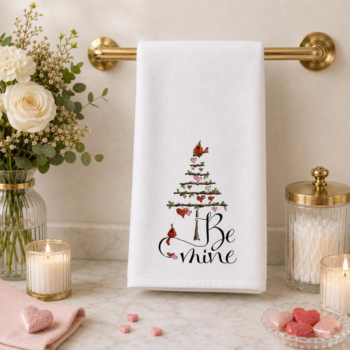Valentine Hand Towel with Cardinals, Be Mine Design for Bathroom Decor