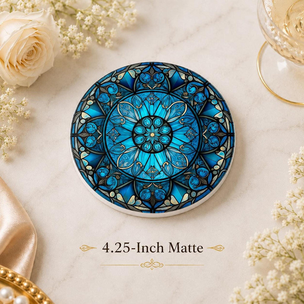 Blue Mandala Coaster, Ceramic Table Decor with Glossy or Matte Finish