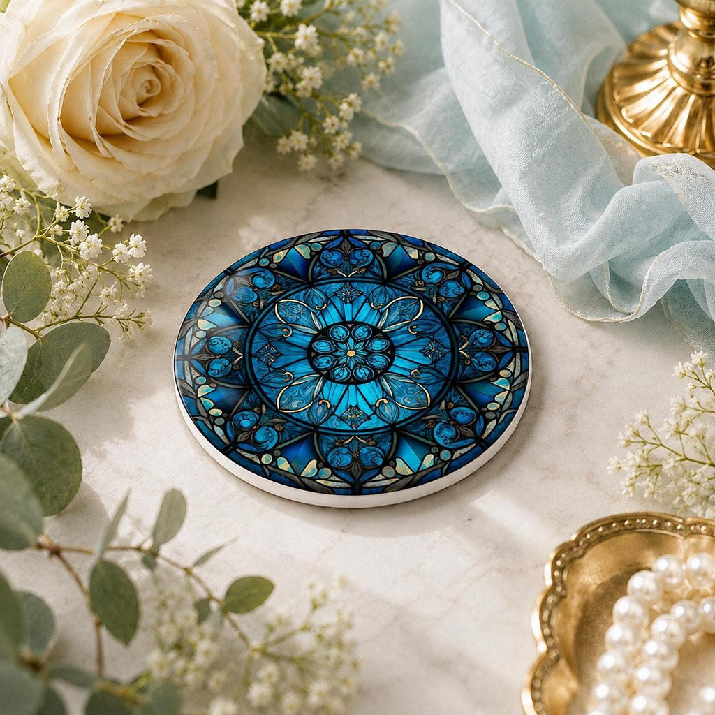 Blue Mandala Coaster, Ceramic Table Decor with Glossy or Matte Finish