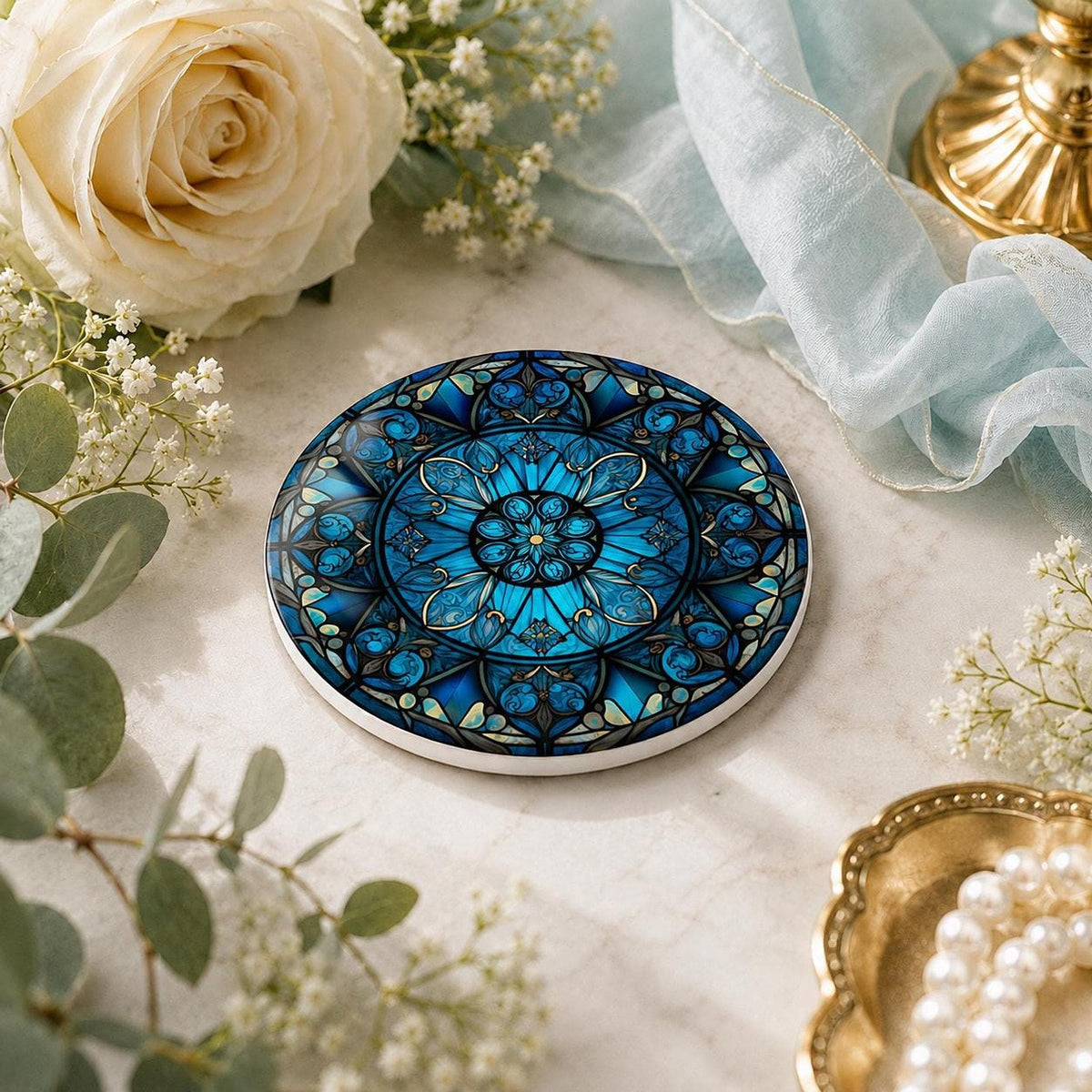 Blue Mandala Coaster, Ceramic Table Decor with Glossy or Matte Finish