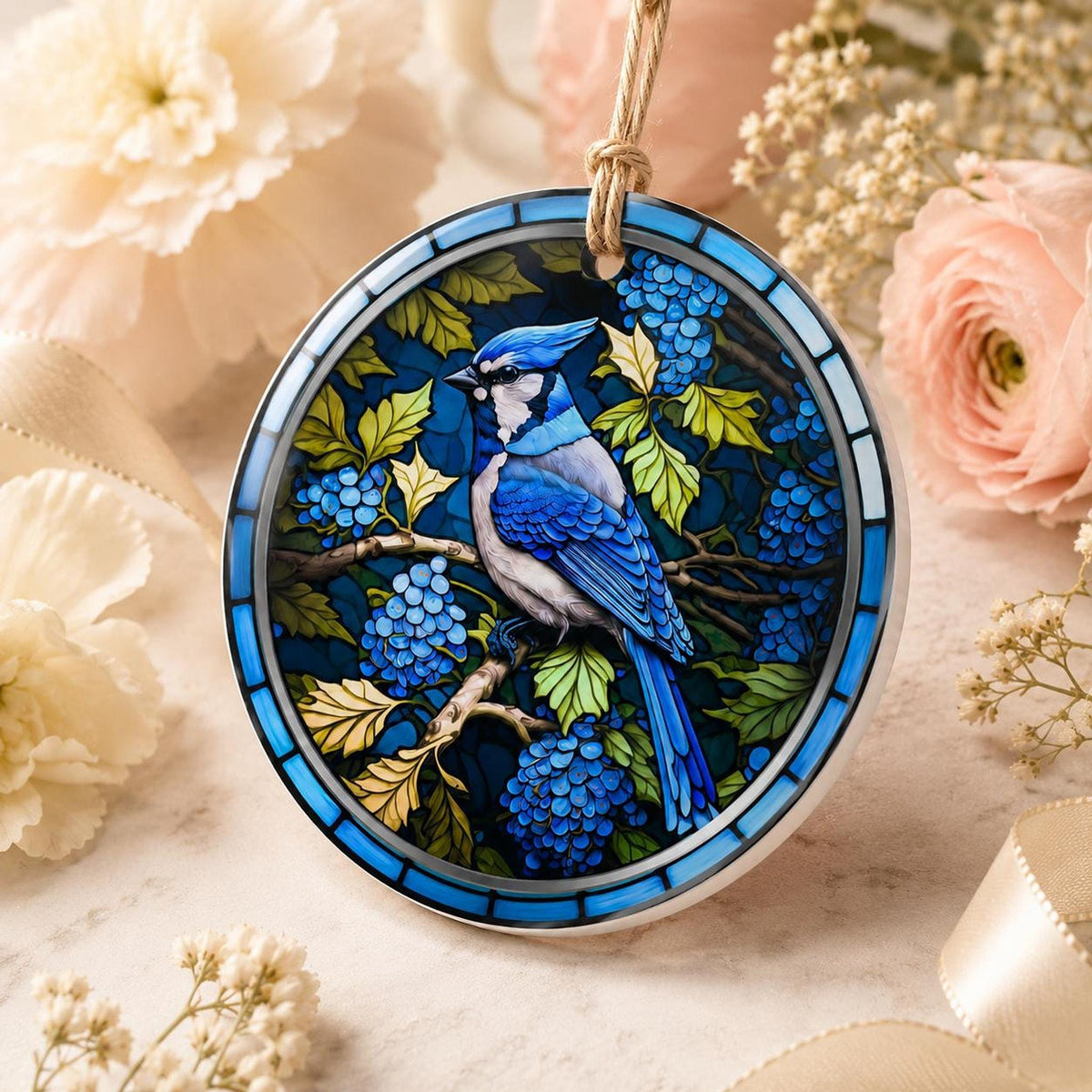 Blue Jay Ornament, Ceramic Bird Decor with Leaded Glass Design