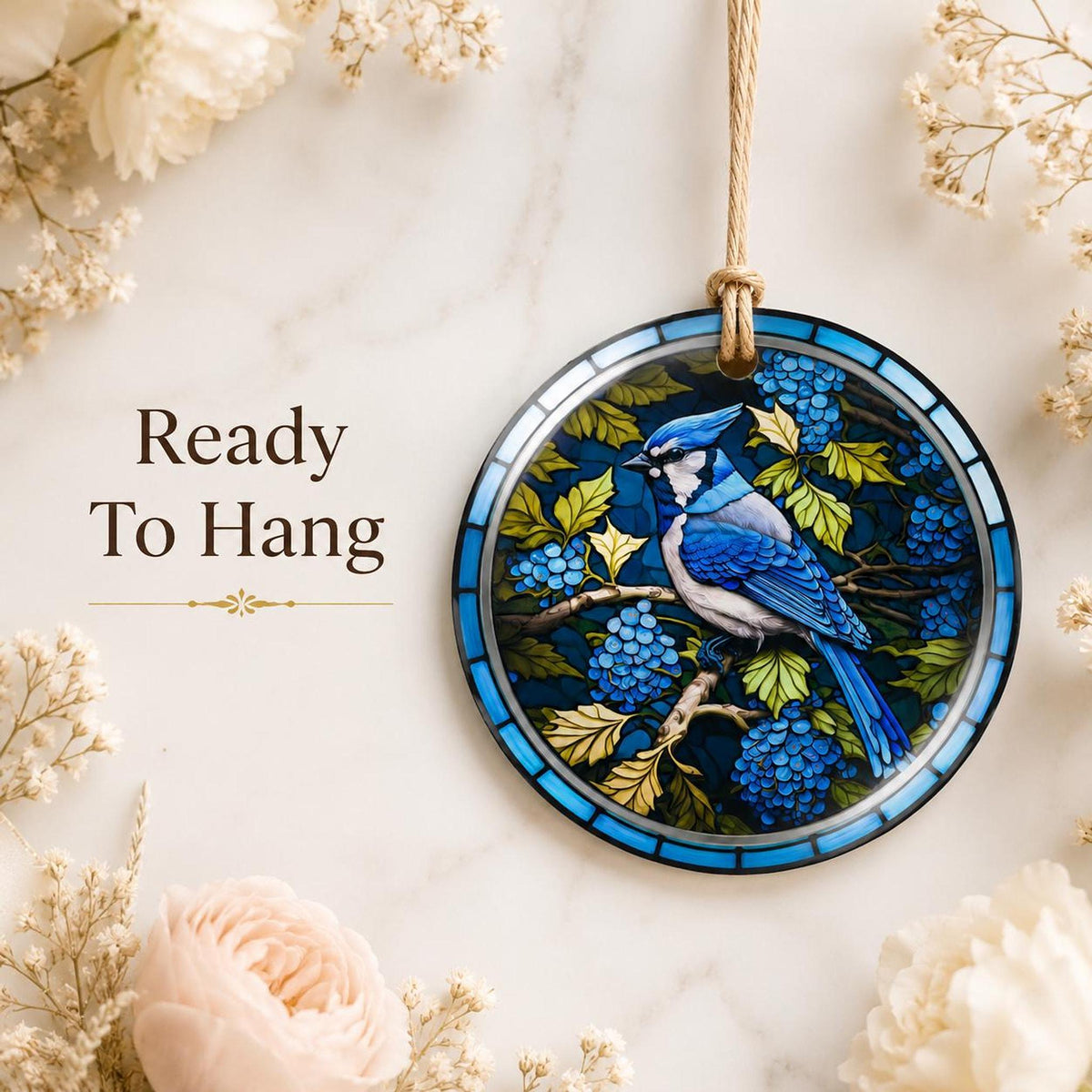 Blue Jay Ornament, Ceramic Bird Decor with Leaded Glass Design