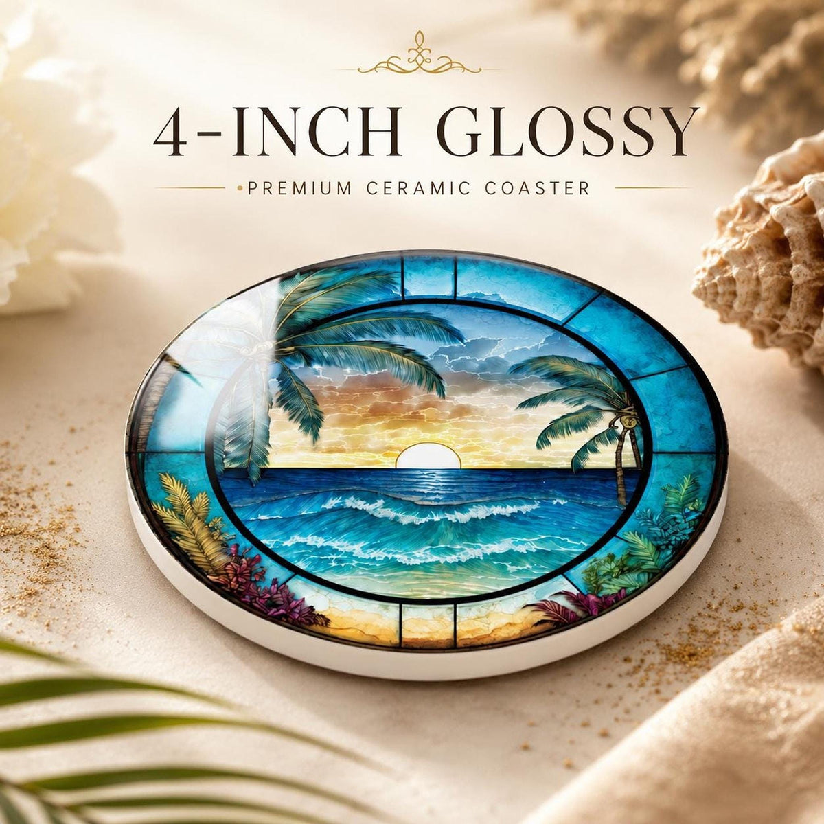 Tropical Sunset Ceramic Coaster Set, Coastal Art Drink Holders with Palm Trees