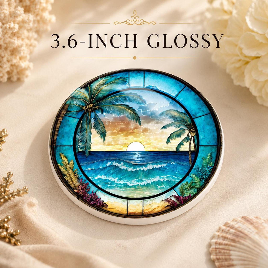 Tropical Sunset Ceramic Coaster Set, Coastal Art Drink Holders with Palm Trees