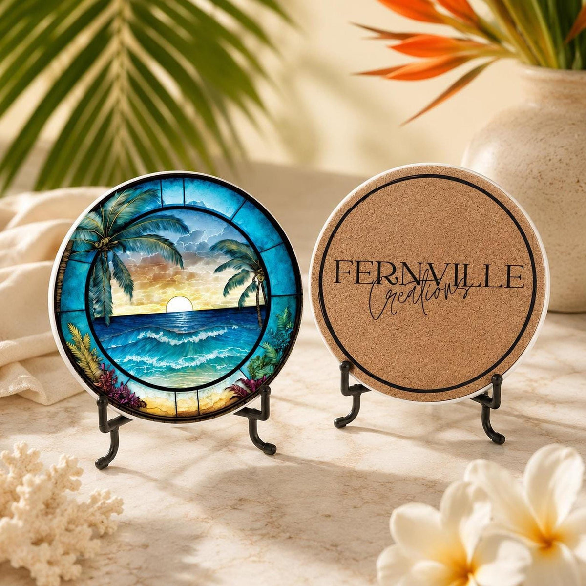 Tropical Sunset Ceramic Coaster Set, Coastal Art Drink Holders with Palm Trees