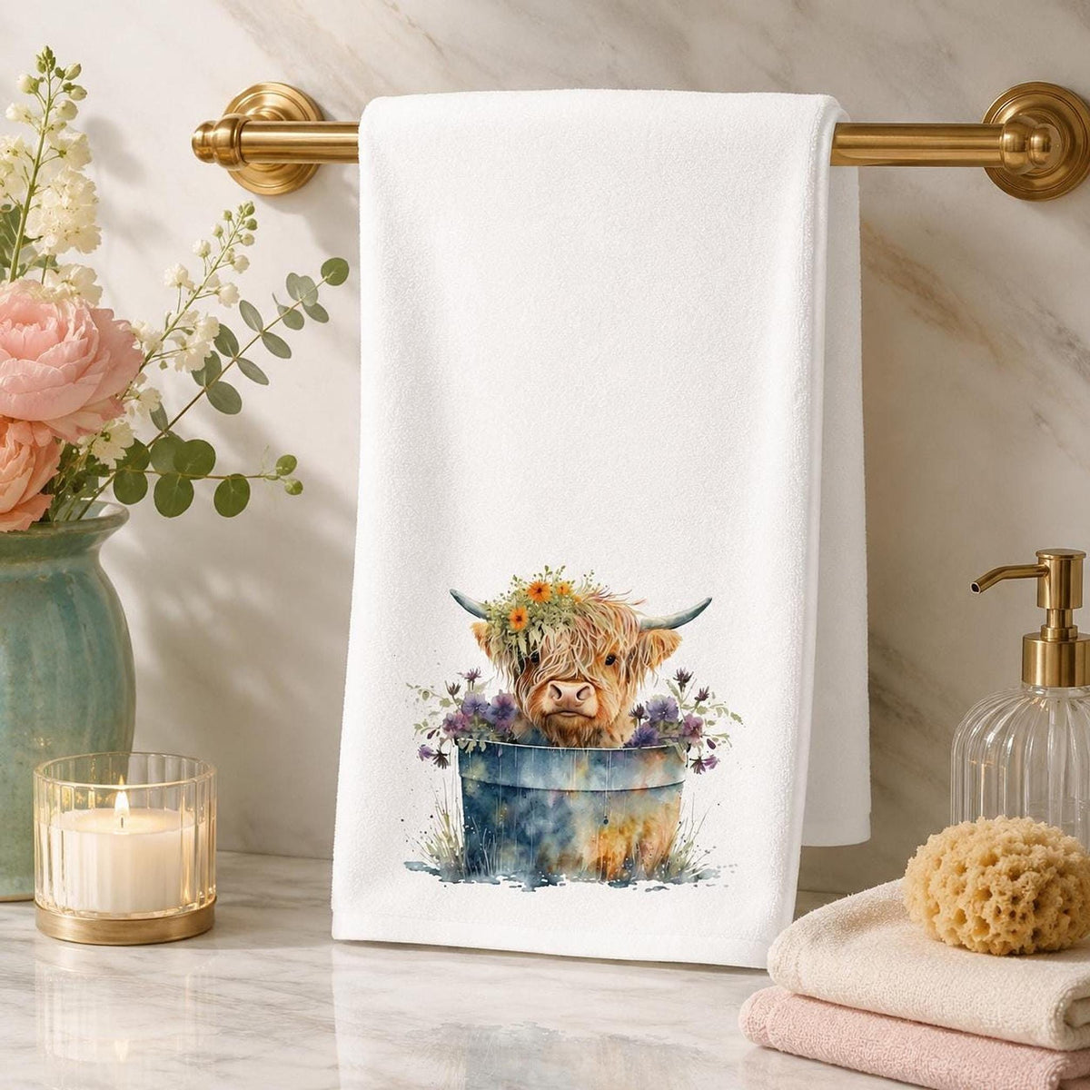 Highland Cow Hand Towel, Floral White Towel for Powder Room Decor