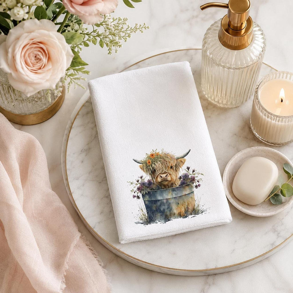Highland Cow Hand Towel, Floral White Towel for Powder Room Decor