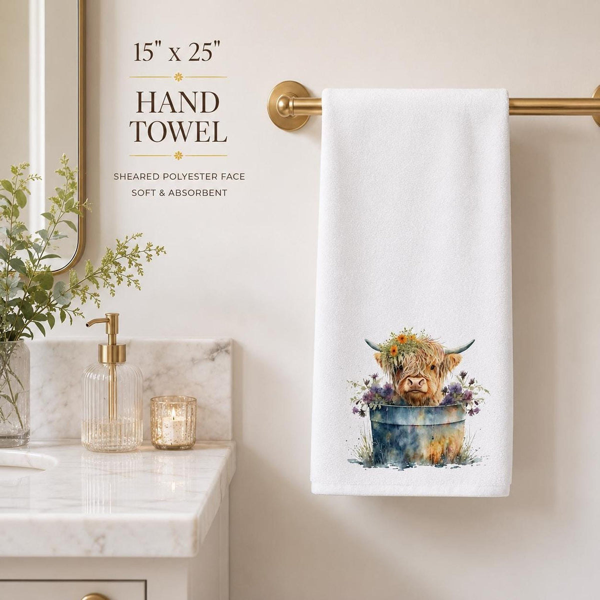 Highland Cow Hand Towel, Floral White Towel for Powder Room Decor